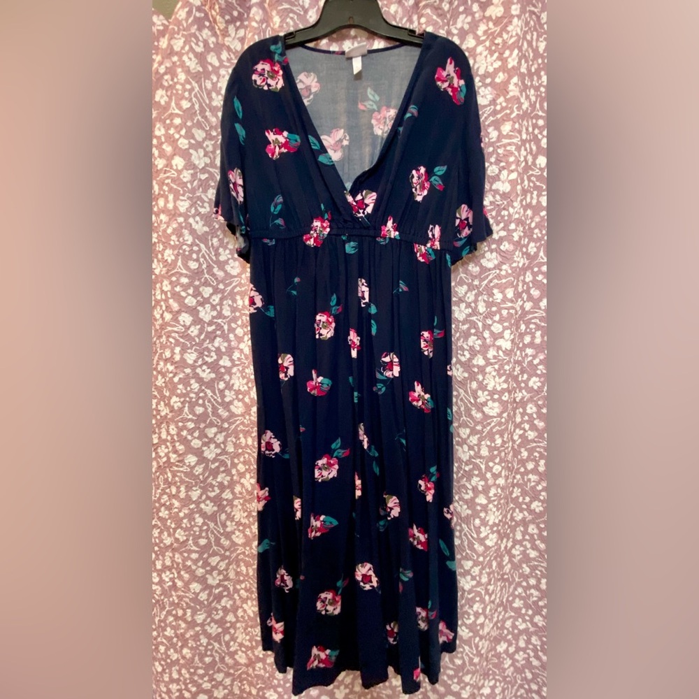 (S13) MATERNITY L Isabel Elastic Waist Empire Blue & Pink Floral Maxi Dress